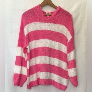 BiBi Pink and White Striped V-Neck Sweater